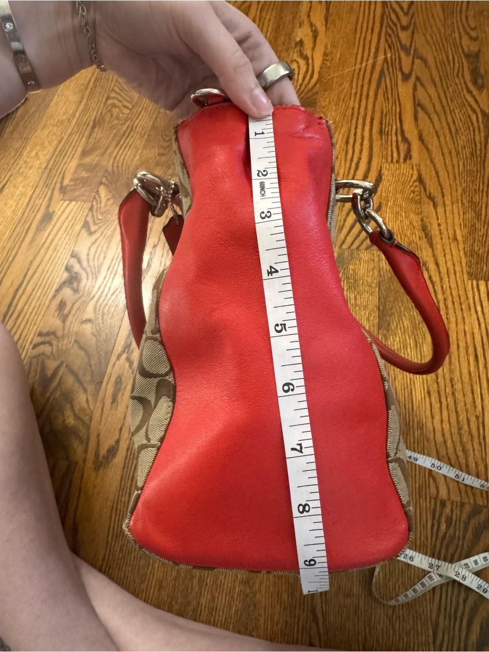 Coach Signature Canvas Coral Red Leather Satchel Crossbody Bag Purse EUC - Picture 7 of 16
